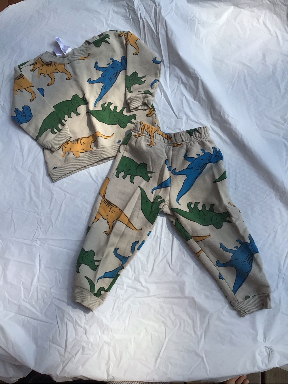 Kidgets Beige Dino Sweatshirt & Jogger Set with Blue, Green, Yellow Prints